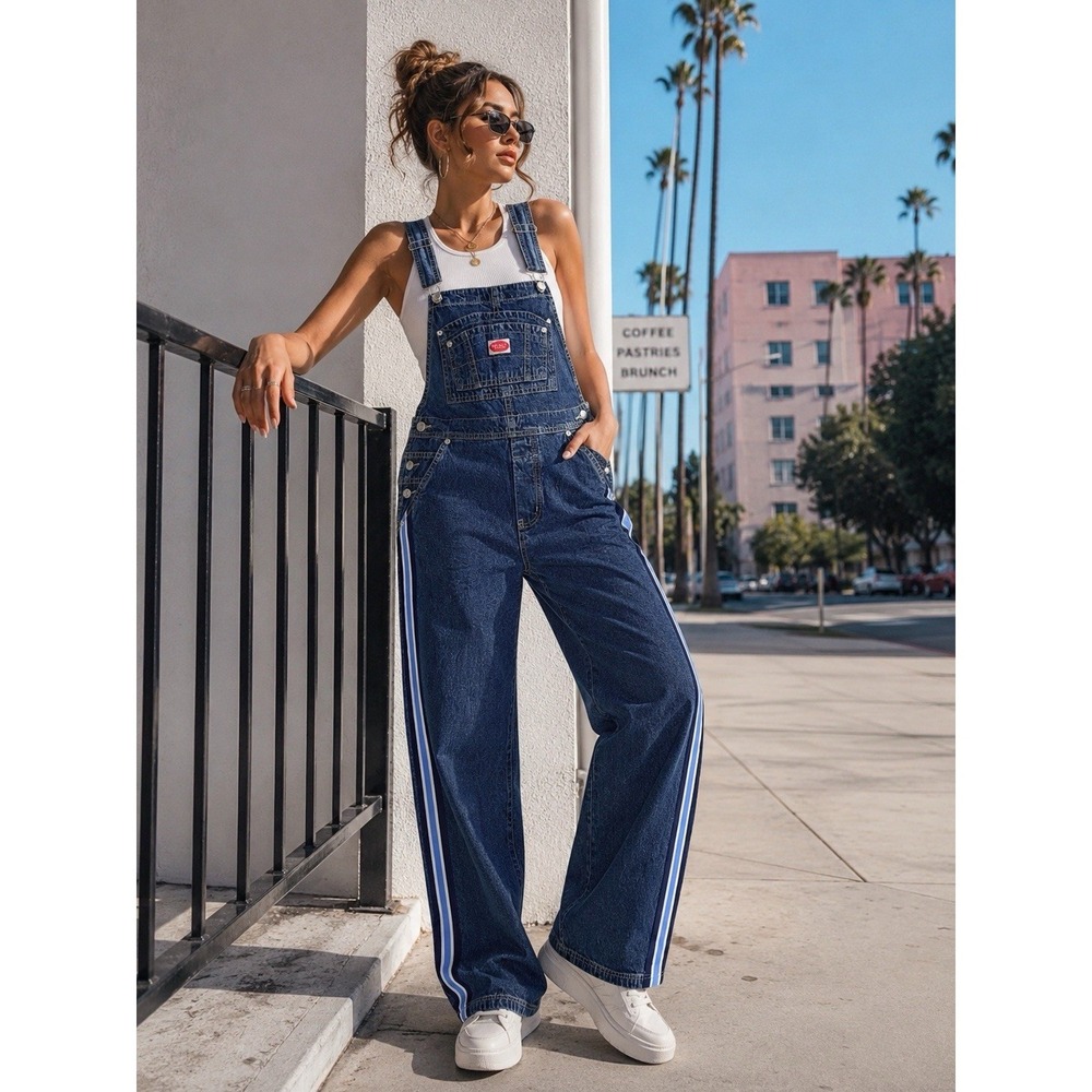 NWT Revolt Women Bib Overalls M Wide Leg Carpenter Vintage 90s Blue Stripe Denim